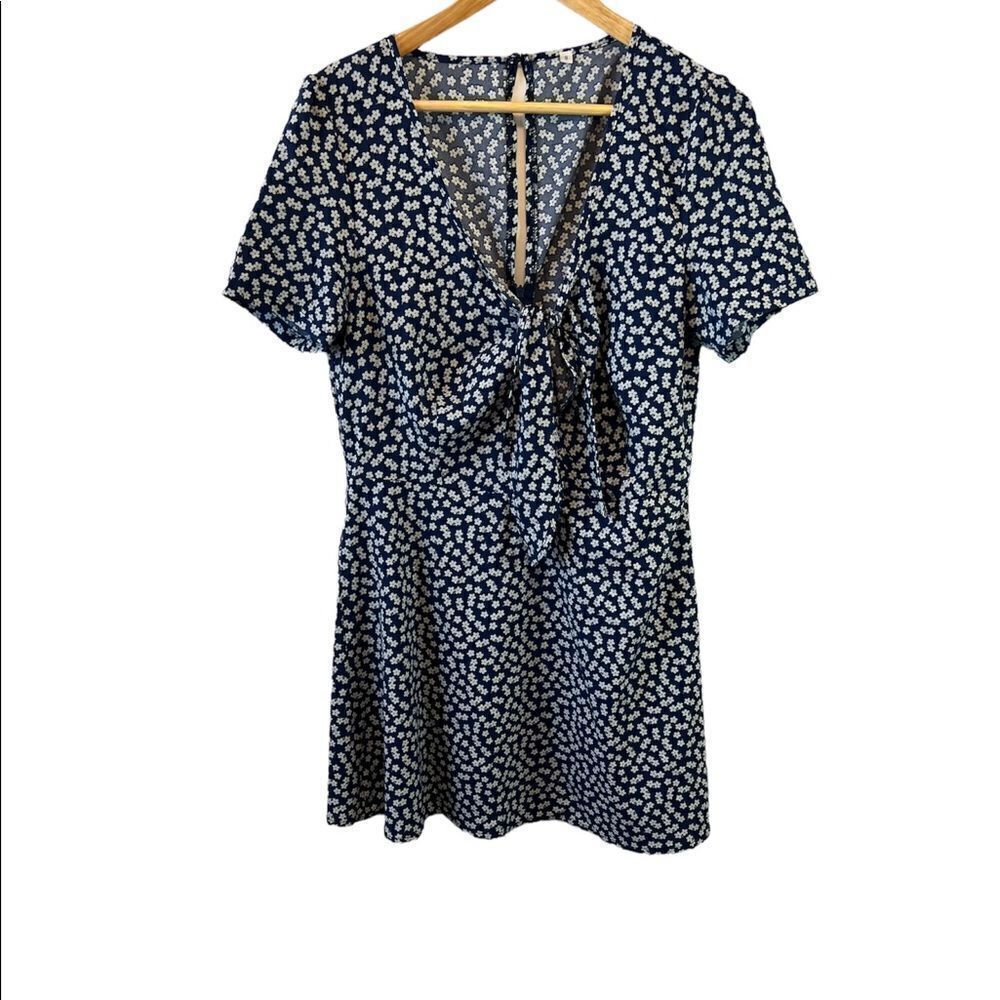 Navy Ditsy Floral Print Lightweight Deep V Tie Neck Short Sleeve Mini Dress S